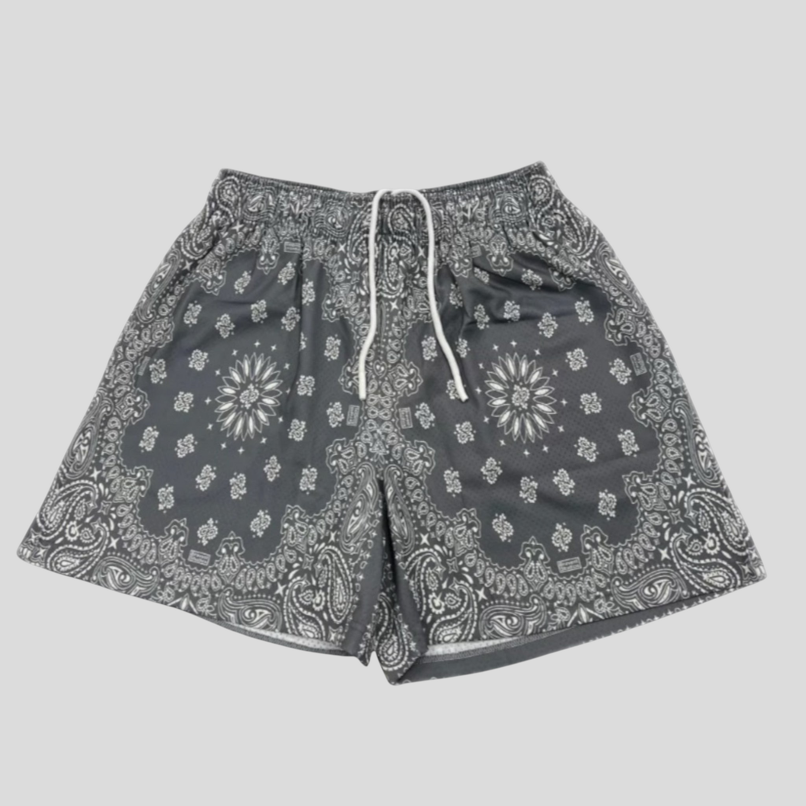 CLB XXIII Bravest Studios grey mesh shorts featuring an intricate white paisley bandana print and drawstring waist