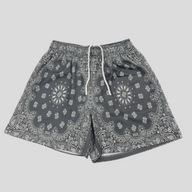 CLB XXIII Bravest Studios grey mesh shorts featuring an intricate white paisley bandana print and drawstring waist