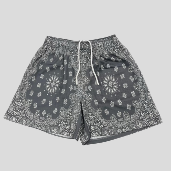 CLB XXIII Bravest Studios grey mesh shorts featuring an intricate white paisley bandana print and drawstring waist