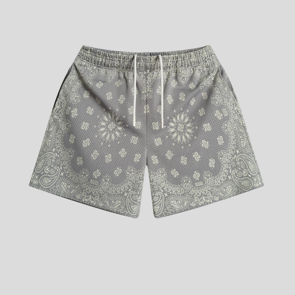 CLB XXIII Bravest Studios grey mesh shorts featuring a detailed white paisley bandana print and elastic waistband
