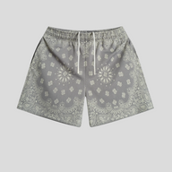 CLB XXIII Bravest Studios grey mesh shorts featuring a detailed white paisley bandana print and elastic waistband