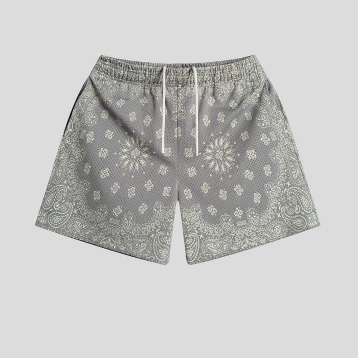 CLB XXIII Bravest Studios grey mesh shorts featuring a detailed white paisley bandana print and elastic waistband