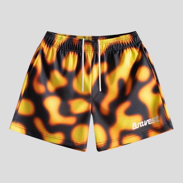 CLB XXIII Bravest Studios black and orange magma flame print mesh athletic shorts with white drawstring