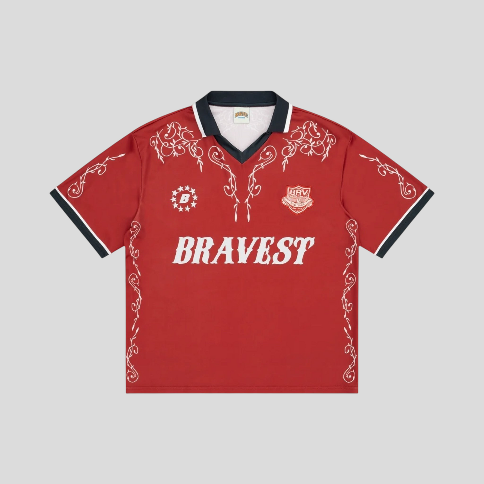 CLB XXIII Bravest Studios red western jersey with white floral embroidery, collar, and graphic logo details.