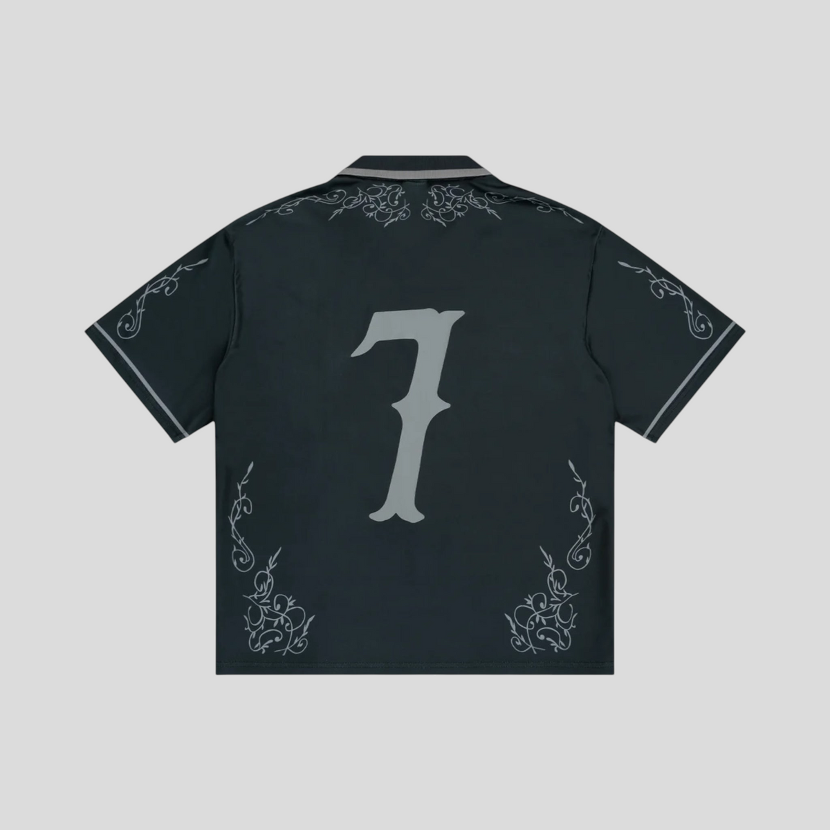 Back view of CLB XXIII Bravest Studios Cobalt Western Jersey in black with grey number 7 and ornate filigree detail