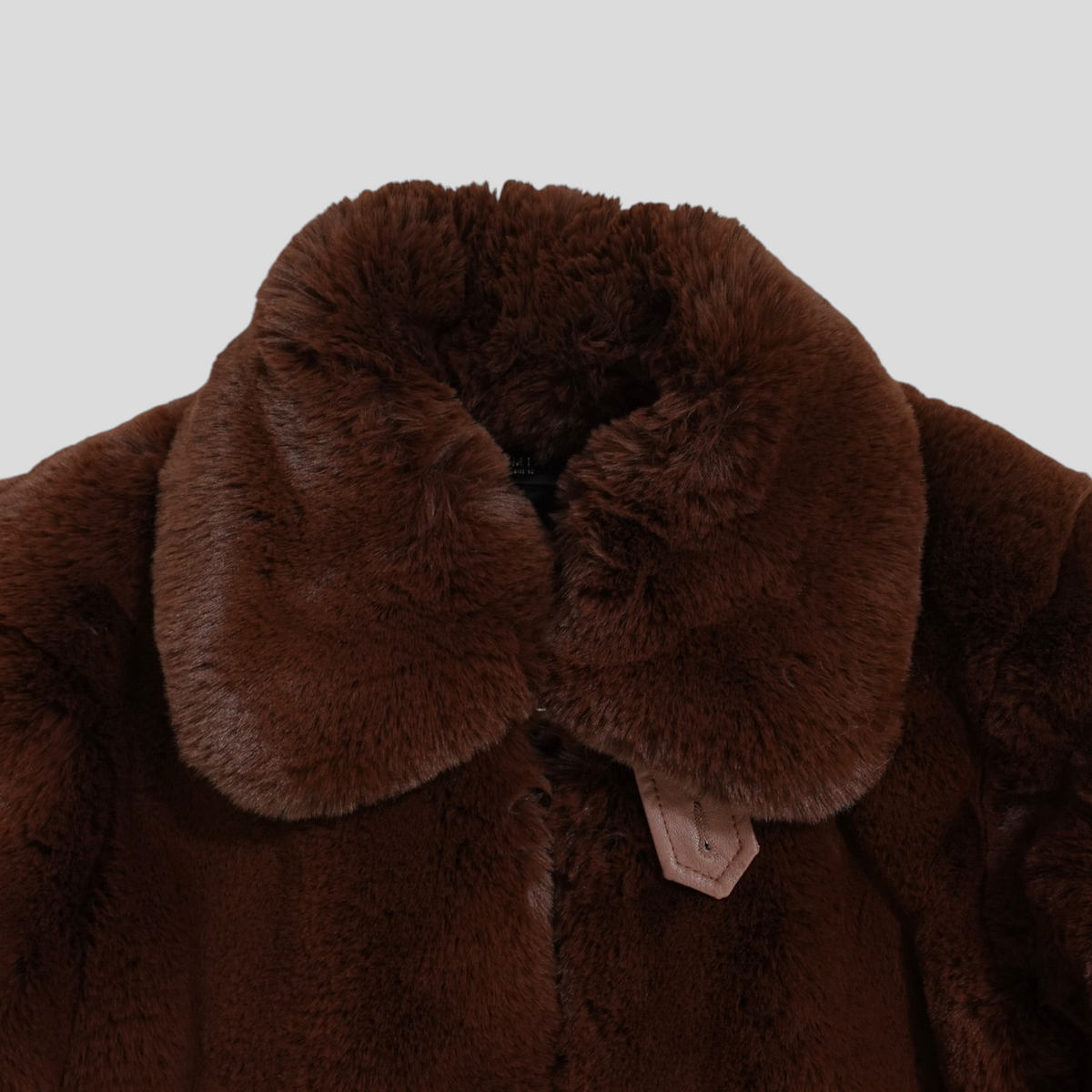 CLB XXIII cropped faux fur zip-up jacket in rich brown with a plush collar and leather zipper pull detail