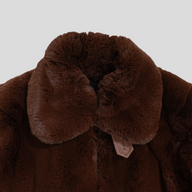CLB XXIII cropped faux fur zip-up jacket in rich brown with a plush collar and leather zipper pull detail
