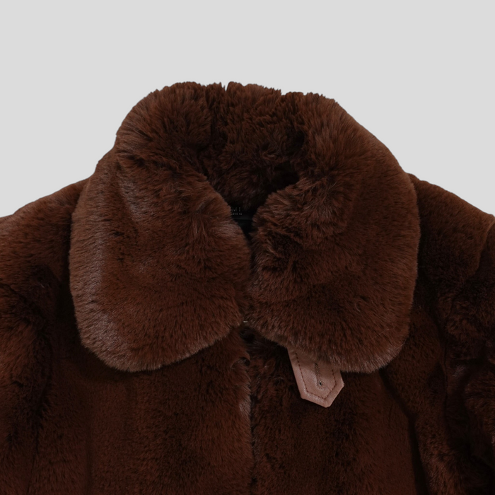 CLB XXIII cropped faux fur zip-up jacket in rich brown with a plush collar and leather zipper pull detail