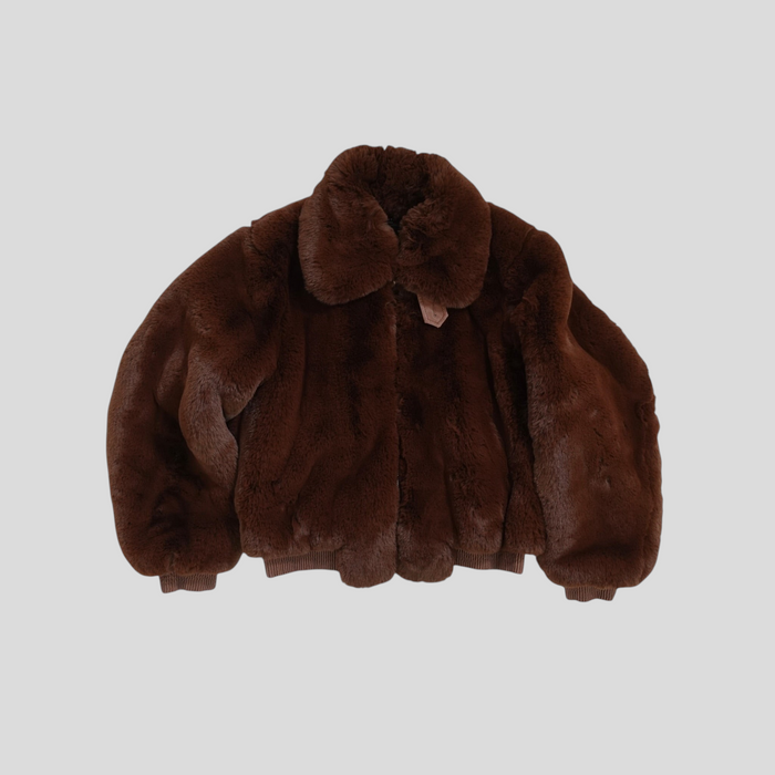 CLB XXIII Amiri cropped zip-up jacket in dark brown faux fur with a ribbed hem and collar