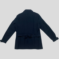 Back view of a black Burberry wool and cashmere trench coat with a belted waist from CLB XXIII