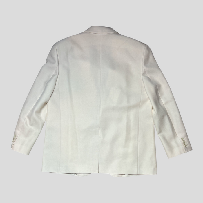 Back view of a cream Celine mohair and wool suit jacket from CLB XXIII featuring a single vent and button cuffs.