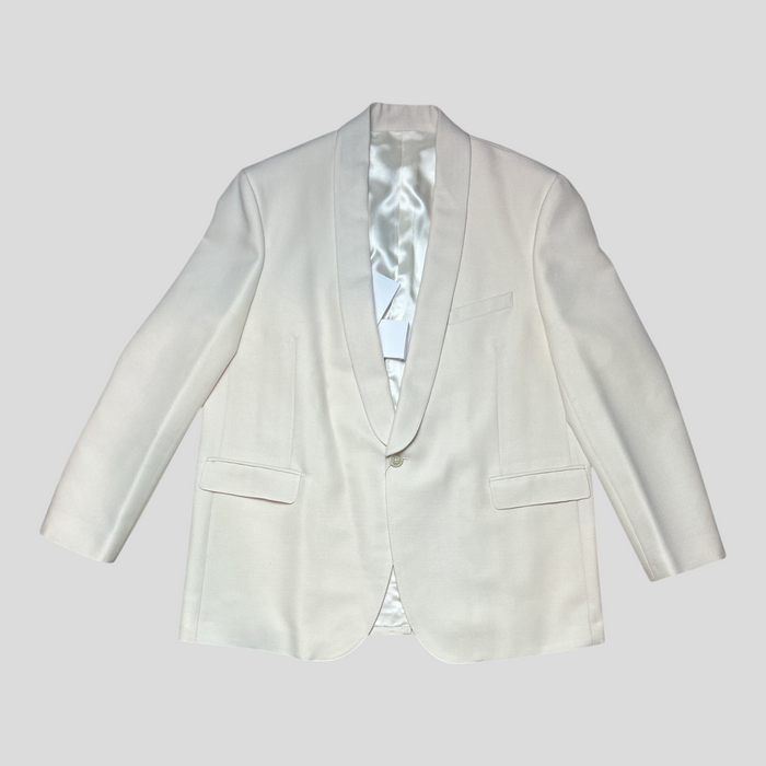 CLB XXIII Celine cream wool and mohair blend suit jacket with shawl collar and single button closure