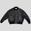 CLB XXIII Celine Homme black lambskin leather bomber jacket with ribbed trim, front zip, and sleeve pocket