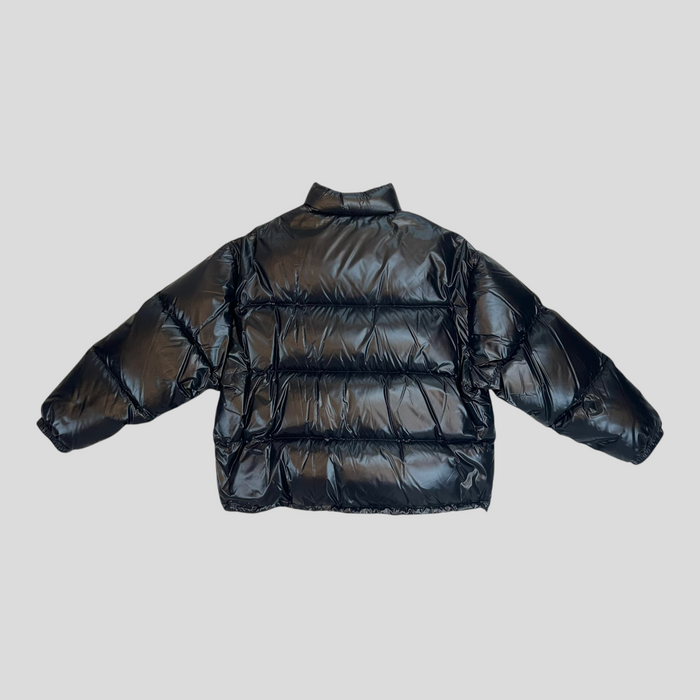 CLB XXIII Celine Homme black short nylon down jacket with quilted puffer design and high collar, back view.
