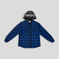 CLB XXIII Celine Homme blue plaid wool flannel hooded overshirt with black nylon hood and white logo print