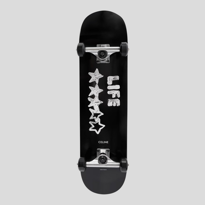 CLB XXIII Celine Life skateboard in black with white star graphics and text on a white background