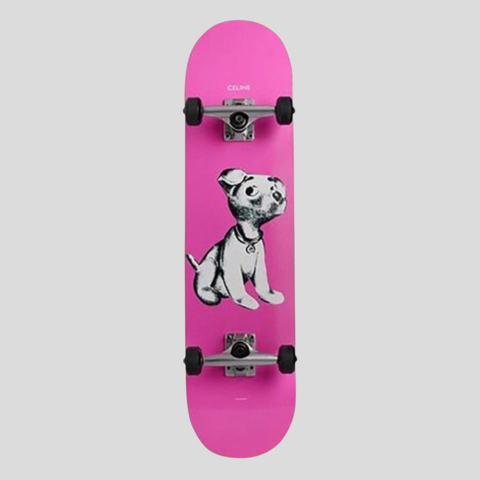 CLB XXIII Celine skateboard in bright pink featuring a black and white illustrated dog graphic on the deck