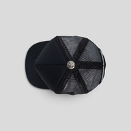 CLB XXIII Chrome Hearts black and camo trucker hat with leather triple cross detail and silver top button