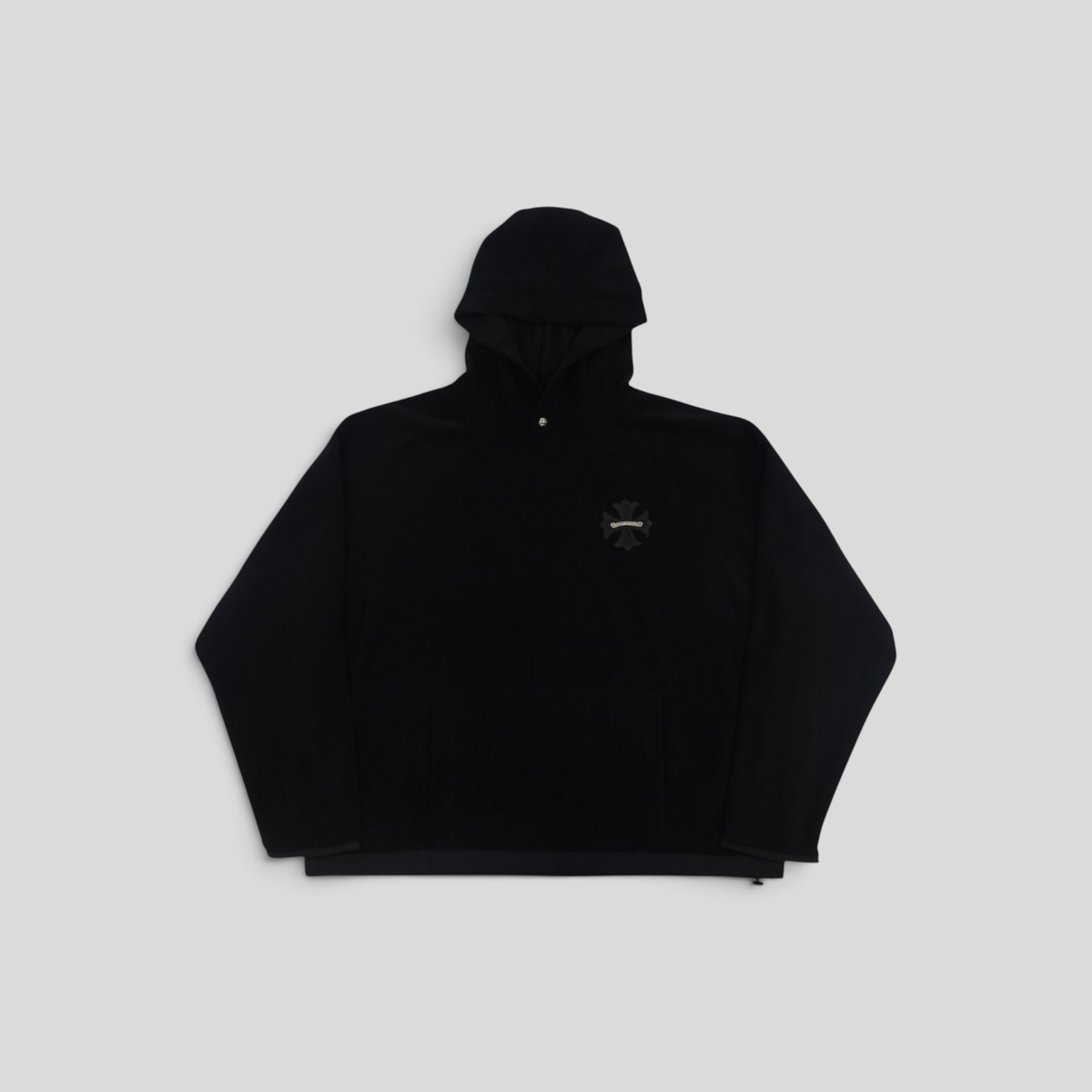 CLB XXIII black Chrome Hearts fleece pullover hoodie with a front logo patch and drawstring hood