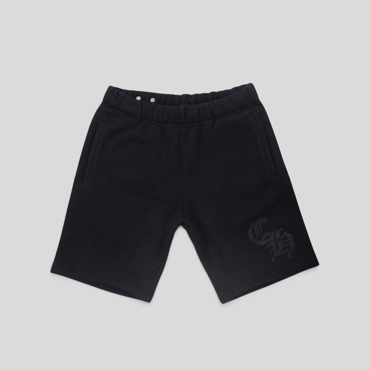 CLB XXIII Chrome Hearts Seven-11 black cotton sweatshorts featuring a tonal gothic logo on the leg