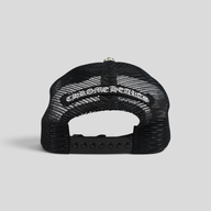 CLB XXIII Chrome Hearts black trucker hat featuring a mesh back and embroidered logo patch on the adjustable strap