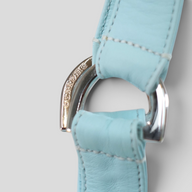 CLB XXIII Chrome Hearts light blue leather bag strap with engraved silver hardware detail