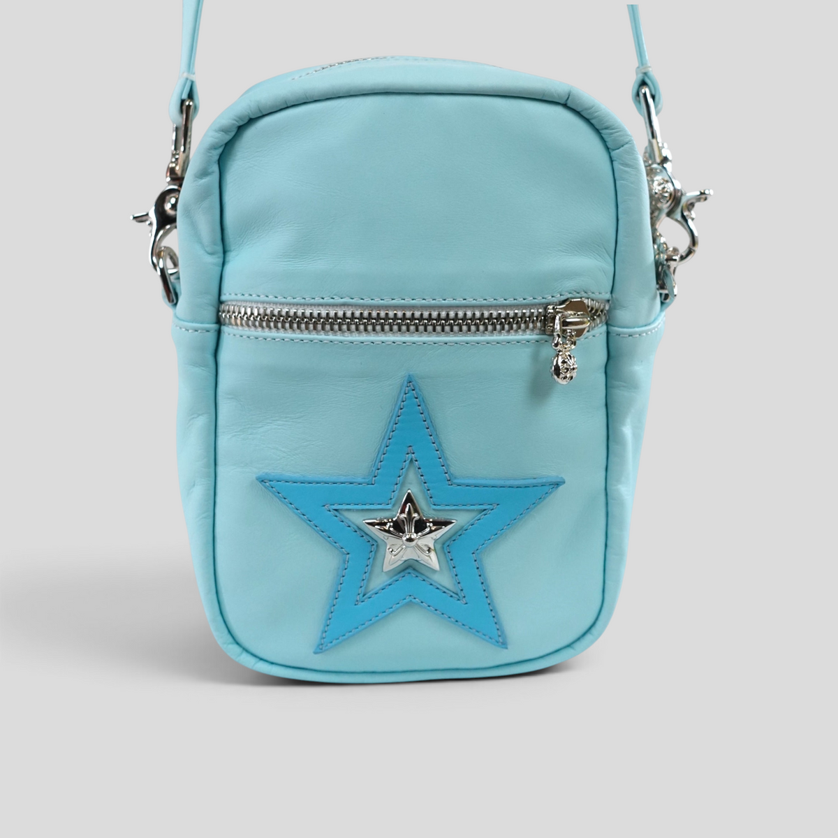 CLB XXIII Chrome Hearts blue leather Takka bag featuring a star patch and signature silver hardware details.