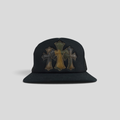 CLB XXIII Chrome Hearts black trucker hat featuring three leather camo cross patches on the front panel