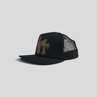CLB XXIII Chrome Hearts black trucker hat featuring triple camo leather cross patches on the front panel