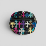 CLB XXIII Chrome Hearts black leather duffle bag featuring multi-colored metallic and leopard print cross patches