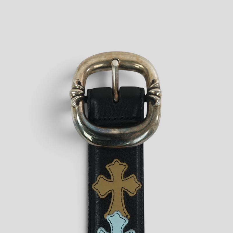 CLB XXIII Chrome Hearts black leather belt featuring a silver gunslinger buckle and multi-colored cross patches