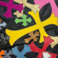 CLB XXIII Chrome Hearts black leather bean bag chair featuring vibrant multicolor cross applique details