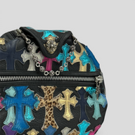 CLB XXIII Chrome Hearts XXL duffle bag in black leather featuring multi-colored metallic and leopard print cross patches