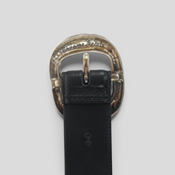 CLB XXIII Chrome Hearts black leather belt with a signature silver gunslinger buckle featuring engraved branding