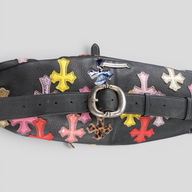 CLB XXIII Chrome Hearts XXL Snat Pack bag in black leather with colorful leather cross patches and silver hardware.