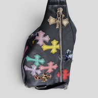 CLB XXIII Chrome Hearts XXL black leather Snat Pack bag featuring colorful leather cross patches and silver hardware