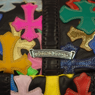 CLB XXIII Chrome Hearts backpack featuring multicolor leather cross patches and sterling silver filigree hardware.