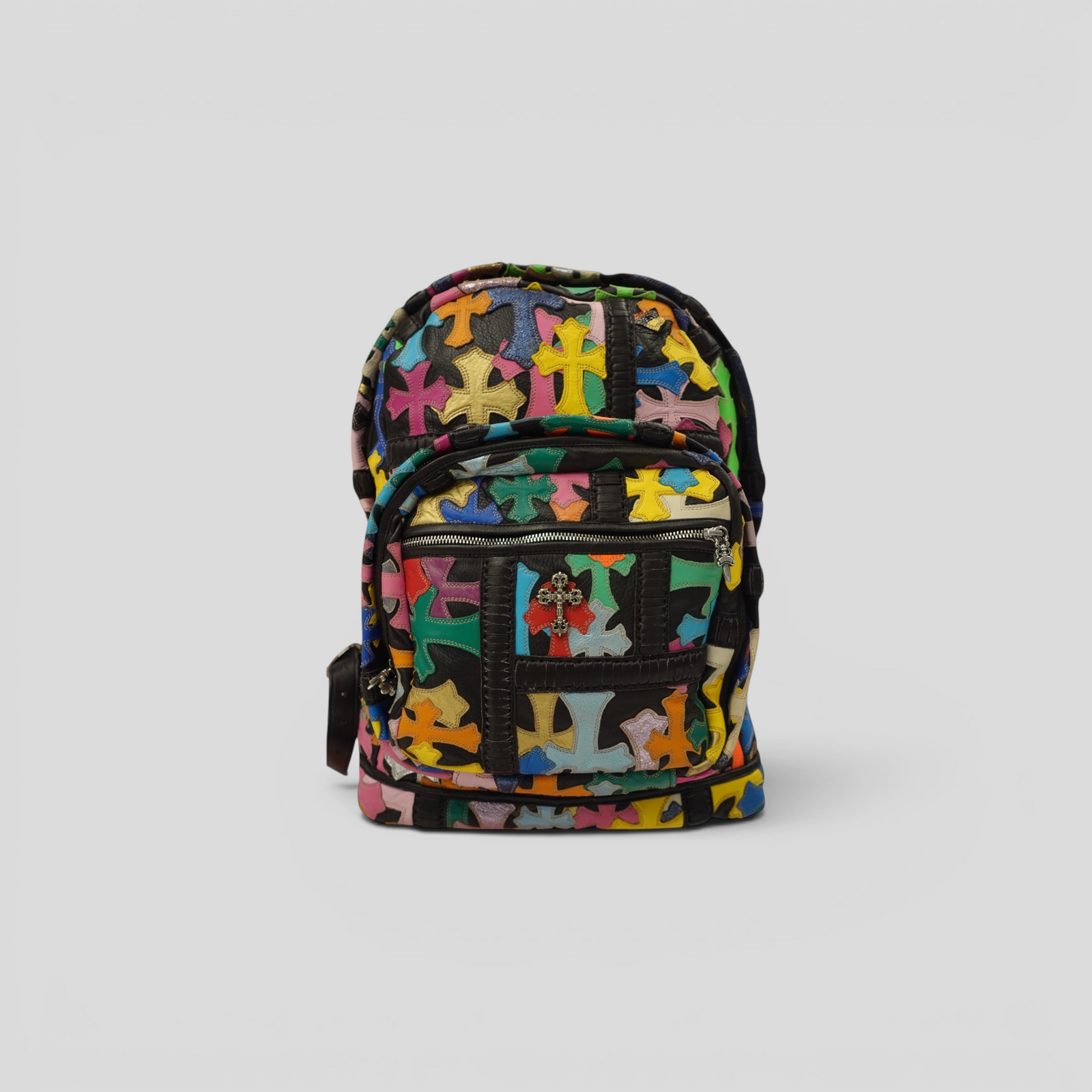 CLB XXIII Chrome Hearts multicolor leather backpack featuring filigree cross patches and .925 sterling silver hardware