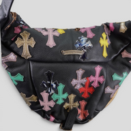 CLB XXIII Chrome Hearts XXL Snat Pack bag in black leather with multicolored leather cross patches and metal logo