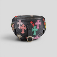 CLB XXIII Chrome Hearts XXL black leather Snat Pack bag featuring colorful leather cross patches and silver hardware.