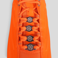 CLB XXIII Chrome Hearts x Nocta Nike Hot Step II sneakers in bright orange with silver metal lace hardware details