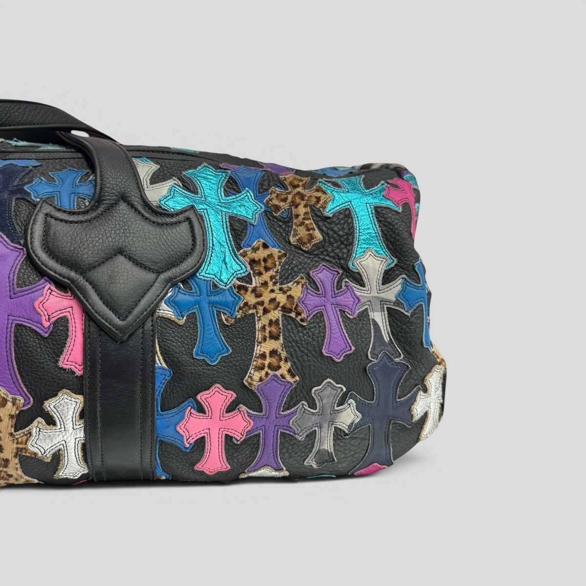 CLB XXIII Chrome Hearts XXL duffle bag in black leather featuring multi-colored and leopard print cross patches