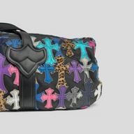 CLB XXIII Chrome Hearts XXL duffle bag in black leather featuring multi-colored and leopard print cross patches