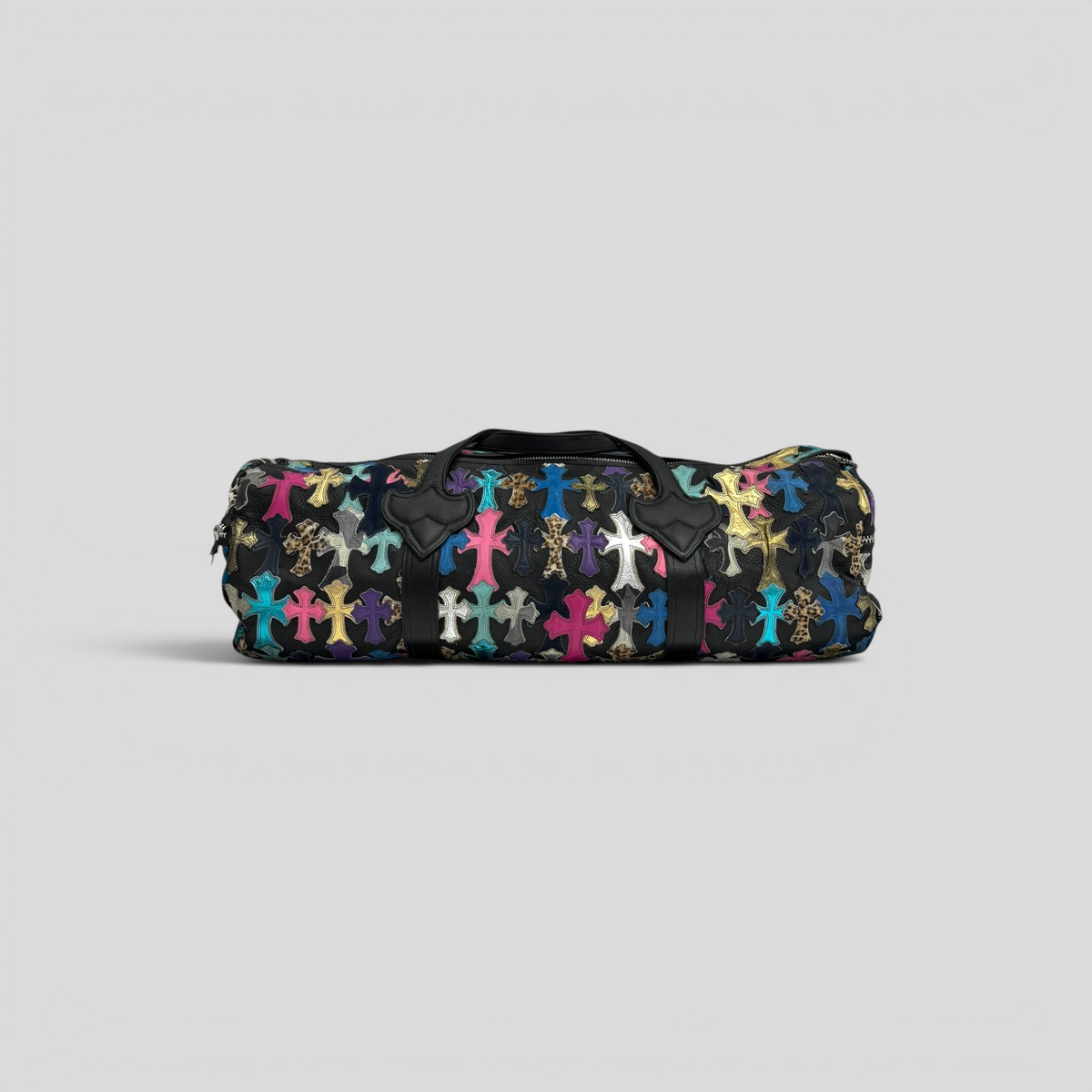 CLB XXIII Chrome Hearts XXL duffle bag in black leather featuring multicolored leather cross patches and leopard print accents