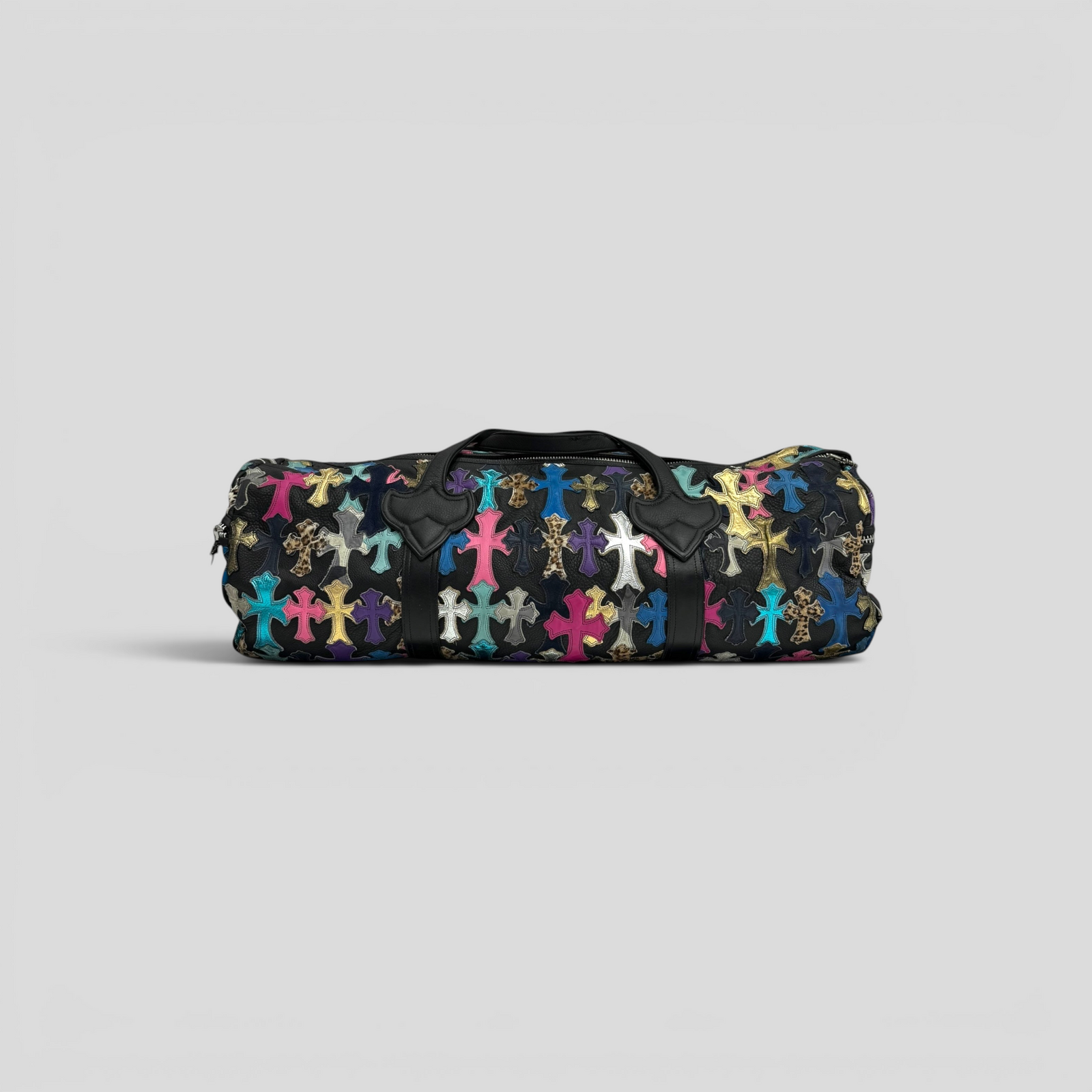CLB XXIII Chrome Hearts XXL duffle bag in black leather featuring multicolored leather cross patches and leopard print accents