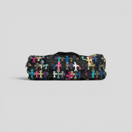 CLB XXIII Chrome Hearts XXL duffle bag in black leather featuring multicolored leather cross patches and leopard print accents