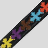 CLB XXIII Chrome Hearts black leather belt featuring vibrant rainbow-colored cross patches