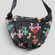 CLB XXIII Chrome Hearts XXL Snat Pack bag in black leather featuring multicolor cross leather patches