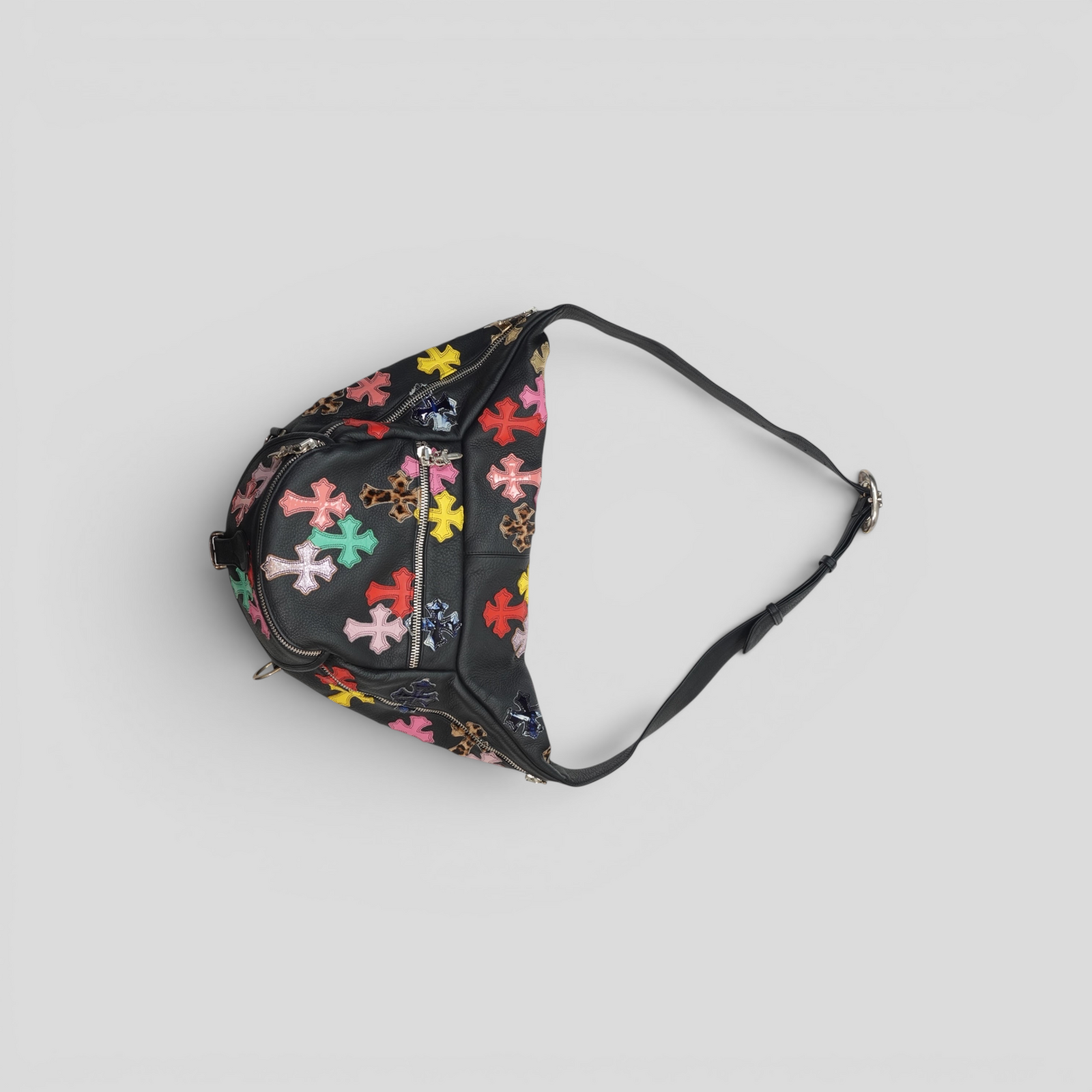 CLB XXIII Chrome Hearts XXL Snat Pack bag in black leather with colorful cross patches and silver hardware