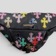 CLB XXIII Chrome Hearts XXL Snat Pack bag in black leather featuring colorful leather cross patches and silver hardware